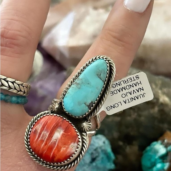 Navajo signed Kingman turquoise, spiny oyster sterling silver ring - Picture 4 of 8